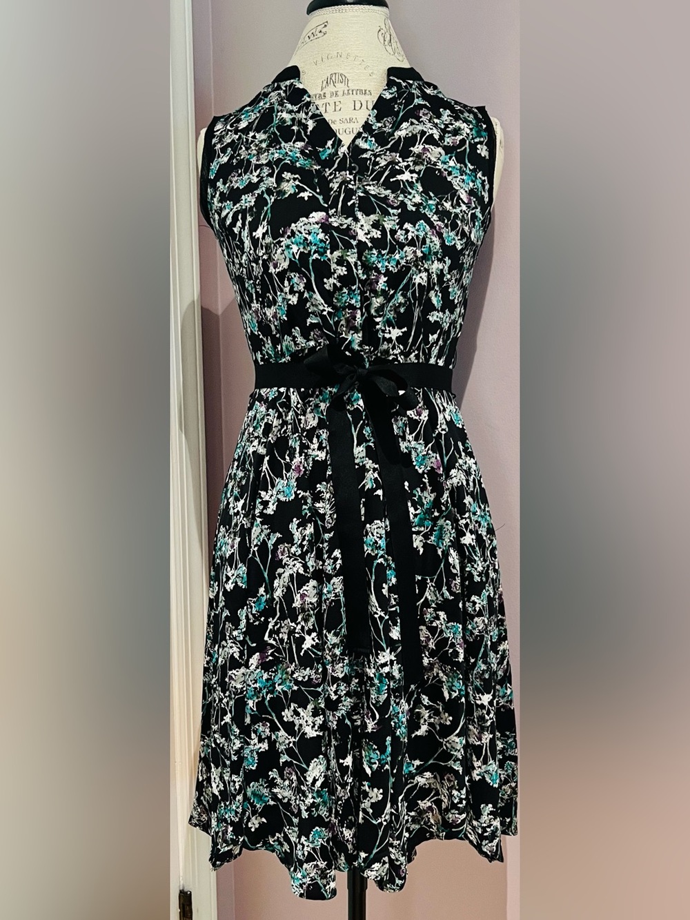 Simply Vera Wang Floral Dress with Teal Accents and Waist Tie